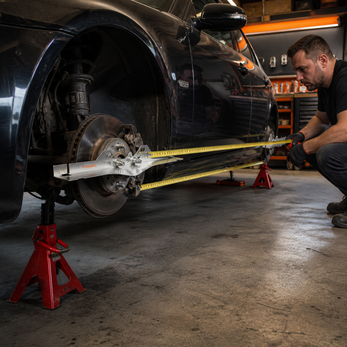 FIVAMO toe plate mounted on a safely supported vehicle hub with two tape measures