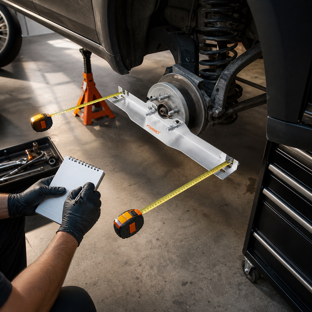 FIVAMO toe plate and two tape measures at a safely supported vehicle hub