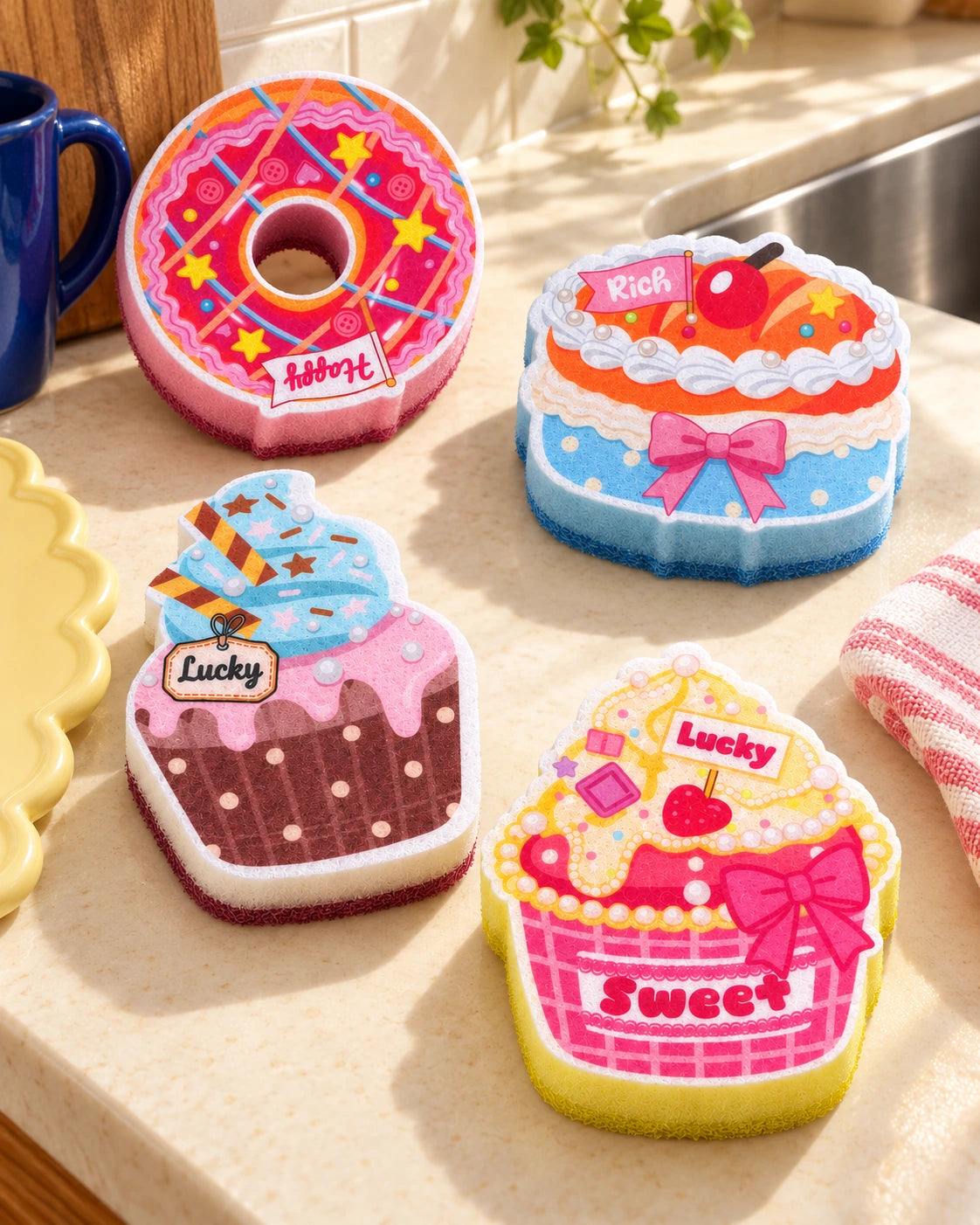 Four dessert-shaped kitchen sponges beside a sink: pink ring donut, round layer cake, blue-and-brown cupcake, and pink-and-yellow cupcake.