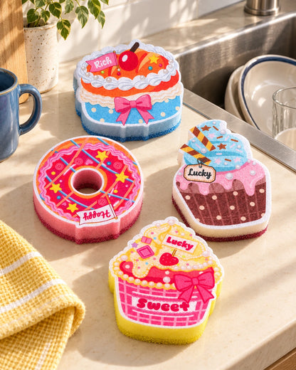 All four Bows and Sprinkles kitchen sponges displayed beside a stainless-steel sink.